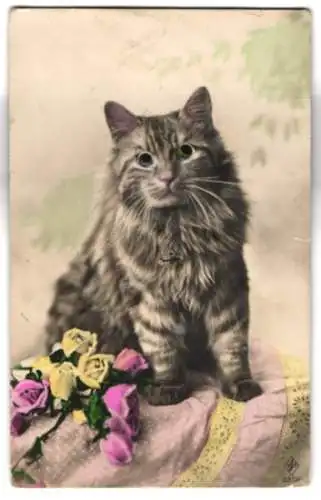 Glasaugen-AK Katze mit Blumen