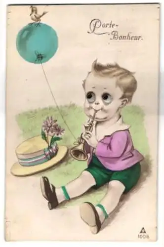 Glasaugen-AK Kind mit Flöte und Ballon