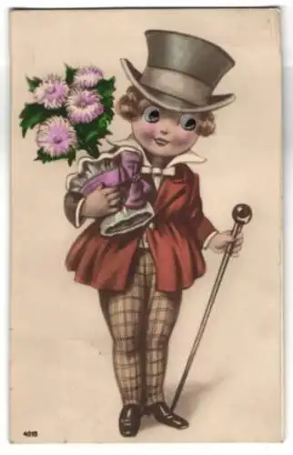Glasaugen-AK Junge im Anzug mit Blumen und Gehstock