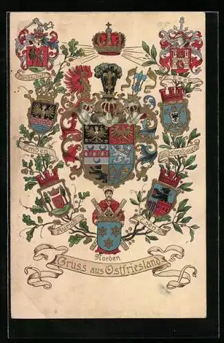 AK Wappen der ostfriesischen Städte Leer, Emden, Aurich, Wilhelmshaven