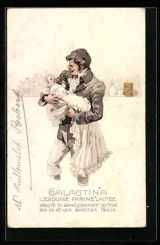 AK Galactina l`Exquise Farine Lactée, Mann mit einem Baby, Reklame für Milchmehl