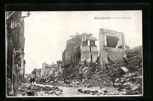 AK Messina, In Trümmern liegende Gebäude am Corso Cavour nach dem Erdbeben