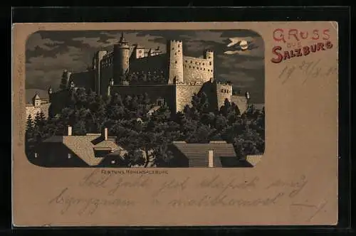 Lithographie Salzburg, Die Festung Hohensalzburg im Mondschein