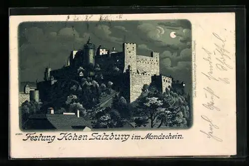 Lithographie Salzburg, Festung Hohen Salzburg im Mondschein