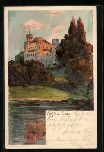 Lithographie Starnberg, Schloss Berg im herbstlichen Abendlicht