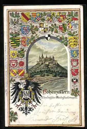 Künstler-AK Hechingen, Burg Hohenzollern, dt. Bundesstaatswappen, Reichsadler