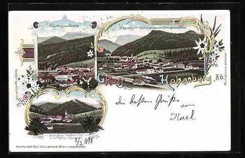 Lithographie Hohenberg, Josef Singers Gasthof zur Post, Ortsansicht mit der Reisalpe