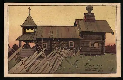 Künstler-AK sign. Bilibin: Holzkirche im Abendrot, Rotes Kreuz Russland