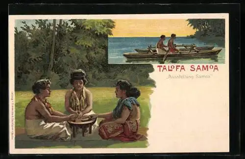 Lithographie Samoa, Ausstellung Samoa, Einheimische im Boot, Frauen sitzen am Tisch