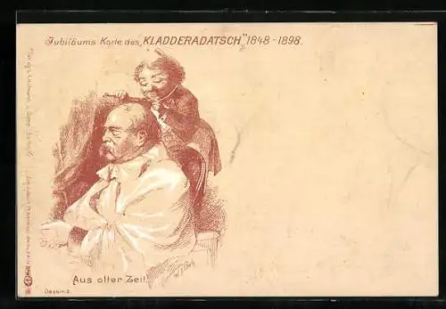 Künstler-AK Bismarck beim Friseur, Jubiläumskarte des Kladderadatsch