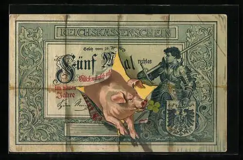 Lithographie Glücksschwein platzt durch Reichskassenschein