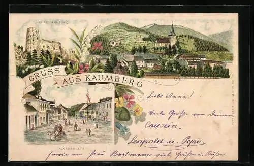 Lithographie Kaumberg, Ruine Araburg, Marktplatz, Ortsansicht
