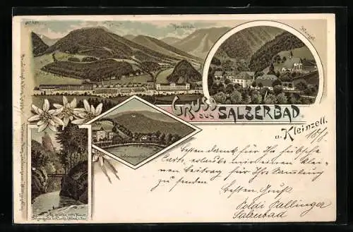 Lithographie Kleinzell, Salzerbad, Schwimmschule, Felsenquelle-Schlucht mit hoher Brücke