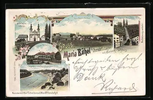 Lithographie Oberndorf bei Salzburg, Maria Bühel, Ansicht der Kirche, Schloss Weitwörth