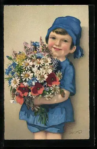 Künstler-AK F.Baumgarten: Knabe einen Strauss mit verschiedenen Blumen haltend - Geburtstagsgruss