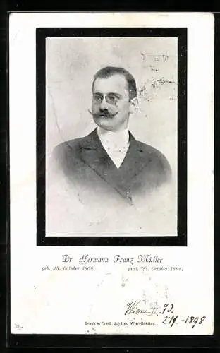 AK Wien, Letzter Pesttoter Wiens Dr. Hermann Franz Müller, Trauerkarte mit Portrait 1898