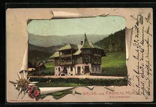 AK Frein an der Mürz, Gasthaus im Rahmen mit Edelweiss
