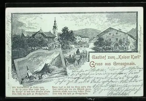 Lithographie Grossgmain, Gasthof zum Kaiser Karl, Ortsansicht mit Kirche