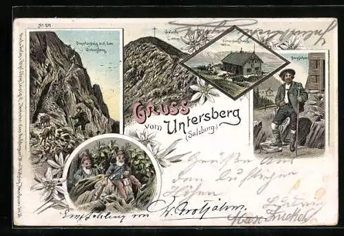 Lithographie Untersberg, Doppfersteig auf dem Unterberg, Bergführer, Geieck, Unterberghaus