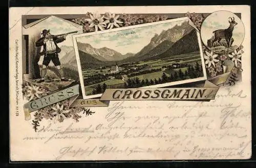 Lithographie Grossgmain, Ortsansicht und Jäger