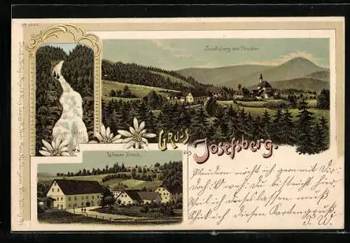 Lithographie Josefsberg, Wiener Bruck, Lassingfall, Ortsansicht mit Ötscher