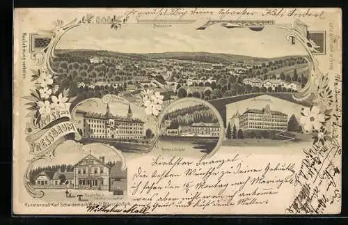 Lithographie Pressbaum, Klaghofers Gasthof mit Garten, Norbertinum, Pensionat Sacre Coeur