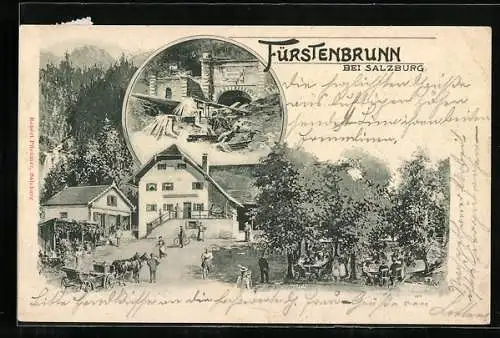 Lithographie Grödig, Fürstenbrunn, Gastwirt Johann Kern, Tunnel