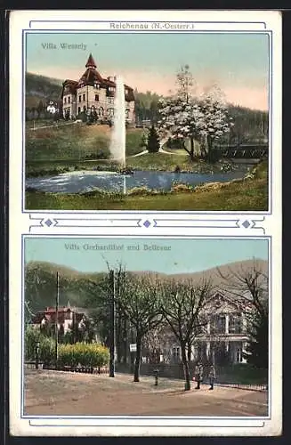 AK Reichenau, Villa Wessely, Villa Gerhardthof und Bellevue, Springbrunnen