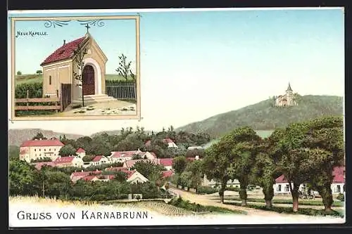 Lithographie Karnabrunn, Neue Kapelle & Ortspanorama