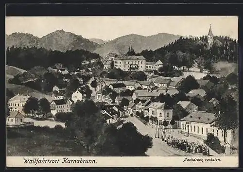 Künstler-AK Karnabrunn, Ortsansicht, Prozession, Kirche