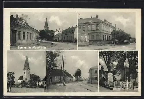 AK Lassee im Marchfelde, Blick zur Kirche, Denkmal, Gemeindeamt