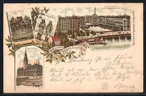 Lithographie Hamburg-Neustadt, Neues Rathaus, Kriegerdenkmal, Helgoländer, Alsterarkaden und Reesendammbrücke