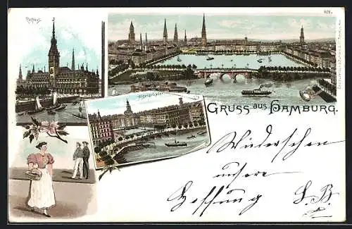 Lithographie Hamburg-Neustadt, Rathaus, Alsterarkaden