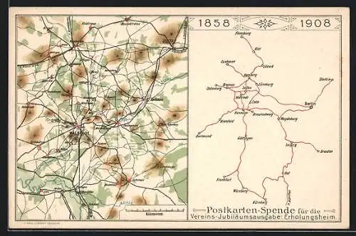 AK Walsrode, Landkarte von 1858 und von 1908, Postkarten-Spende Vereins Jubiläumsausgabe Erholungsheim