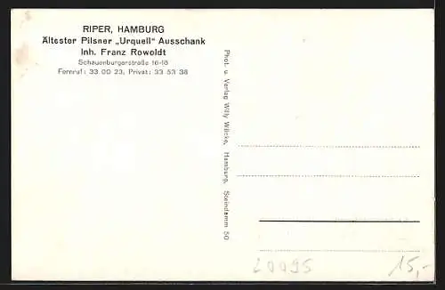 AK Hamburg, Gasthaus Riper von Franz Rowoldt, in der Schauenburgerstrasse 16-18, Innenansicht