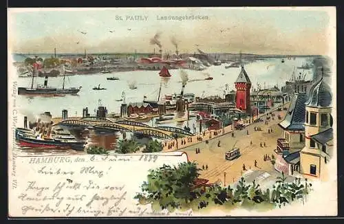 Lithographie Hamburg-St. Pauli, Blick auf die Landungsbrücken mit Hafen