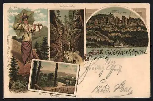 Lithographie Bastei, Schwedenlöcher, Blick n. d. Lilienstein