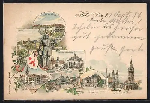 Lithographie Halle, Kliniken, Händel-Statue, Bahnhof, Wappen