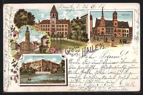 Lithographie Halle a.S., die Moritzburg, der leipziger Turm, das kaiserl. Postamt