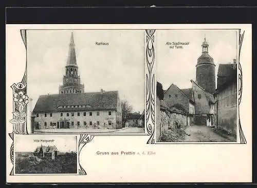 AK Prettin a. d. Elbe, Villa Marquardt, Alte Stadtmauer mit Turm und Rathaus