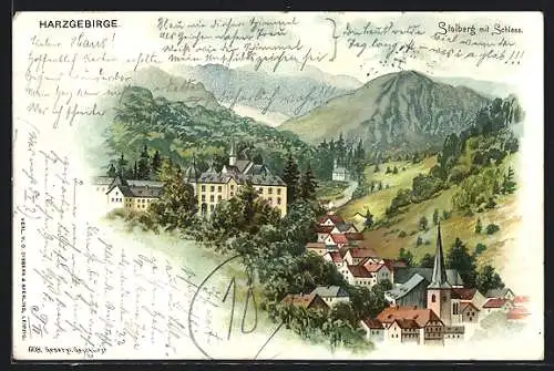 Lithographie Stolberg, Ortsansicht mit Blick auf das Schloss