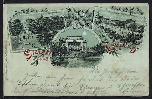 Mondschein-Lithographie Leipzig, Goethestrasse, Augustusplatz und neues Theater, Schwanenteich