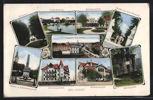 AK Bad Lausick, Villenkolonie, Bethlehemstift, Erholungsheim, Albertquelle, Kirche u. Kriegerdenkmal, Hermannsbad