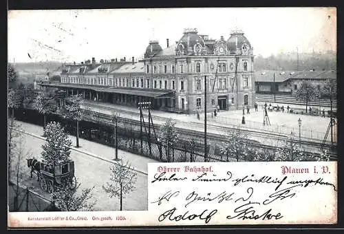 AK Plauen, Bahnhof mit Bahnsteig aus der Vogelschau