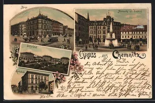 Lithographie Chemnitz, Reichsbank, Schlachthof, Börse, Neumarkt mit Fontaine