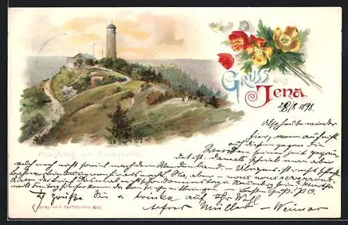 Lithographie Jena, Blick auf den Hausberg mit Fuchsturm
