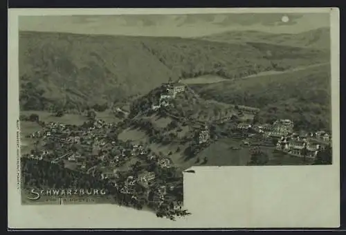 Lithographie Schwarzburg, Ortsansicht vom Trippstein