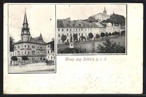 AK Schleiz R. j. L., Strassenpartie an Neundorfs Restaurant, Rathaus