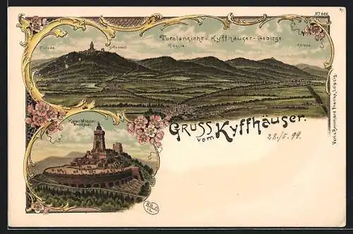 Lithographie Tilleda, Totale vom Kyffhäuser, Kaiser Wilhelm-Denkmal