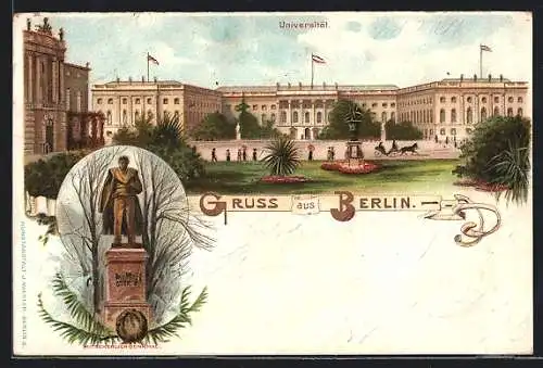 Lithographie Berlin-Mitte, Universität, Denkmal Kaiserin Augusta